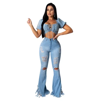 Femei De Moda Spălat Flare Jeans 2021 Primăvară Talie Mare, Cu Ciucure Sexy Gol Afară Bell Jos Toate Se Potrivesc Blugi De Înaltă Calitate