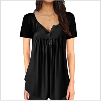 JHBeute Moda pentru Femei Vrac Casual Culoare Solidă Cutat Butonul Vrac cu Maneci Scurte T-Shirt S-4XL Primavara-Vara Femei Top