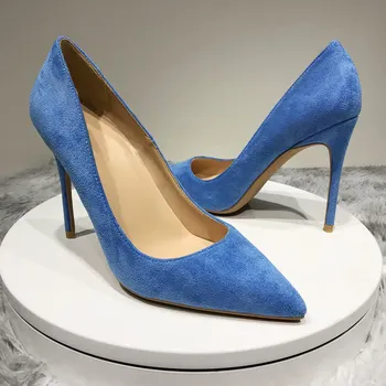 Tikicup Albastru Inchis Femei Turma A Subliniat Toe Stilet Tocuri Inalte Sythenic Piele De Căprioară Aluneca Pe Pompe Doamna Formale Pantofi Rochie Plus Dimensiune