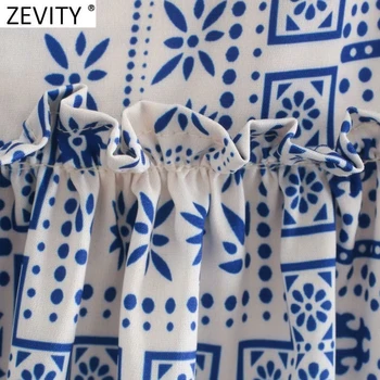 Zevity Femei Vintage Square Guler Albastru Porțelan Alb de Imprimare Încreți Volane Rochie Midi de sex Feminin Puff Maneca Kimono Vestido DS8159