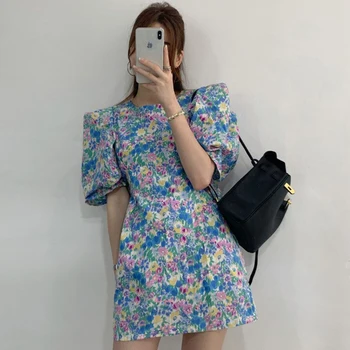 Korejpaa Femei Rochie De Vară 2021 Coreeană Stil Occidental Vârstă-Reducerea Gât Rotund Pătate De Cerneală Florale Cutat Puff Mâneci Vestidos