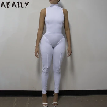 Akaily Streetwear Alb Fără Mâneci Bodycon Guler Salopeta Femei Solid Slim Salopetă Pentru Femei Salopeta De Vara-O Singură Bucată Tinuta