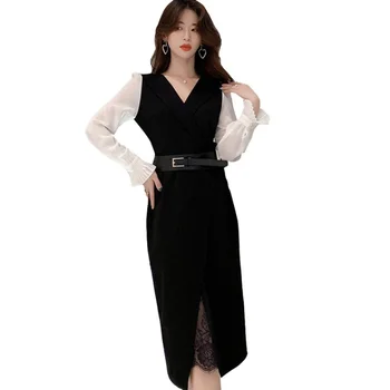 Coreeană Ediție 2021 Primăvară High-end Rochie de Femei de Moda Model Nou V Guler Mâneci Lungi Șifon Despicare Rochie Rochie de Dantelă