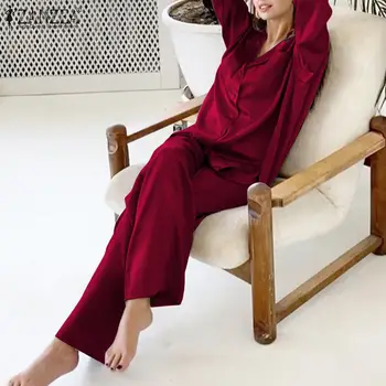 Femei Pijamale Satin Seturi de Pijamale Casual 2 Seturi de Piese de Homewear de sex Feminin Pijamale ZANZEA 2021 Moda Bluza Și Pantalonii de Pijamale