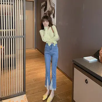 Lumina de Culoare Blugi Femei 2021 Primăvara Și Vara Noi coreeană de Moda de Înaltă Talie Subțire Sfert Pantaloni Împletit Micro La Pantaloni Trend