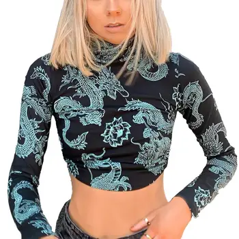 Plus Dimensiune Femei de Moda de Vara Femei Dragon Imprimat cu Maneci Lungi O de Gât tricou Slim Crop Top Tricou