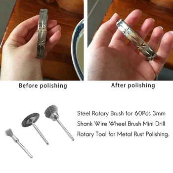 Oțel Perie Rotativă pentru 60Pcs 3mm Coadă Roata de Sârmă Perie Mini Burghiu Rotativ Instrument de Metal, Rugina, Lustruire