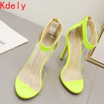 11CM Bine Tocuri Femeie Sandale Sexy si Damele de Lumină Verde Transparent Eco-legat Pantofi Deget de la picior Deschis cu Fermoar Spate Femei Pompe de Moda