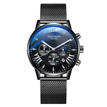 Casual clasic de moda pentru bărbați de trei-ochi de afaceri negru ceas de lux din oțel inoxidabil ultra-subțire plasă de trupa cuarț ceas de bărbaților