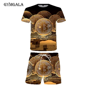 Liber maneca scurta sport pentru bărbați T-shirt, bitcoin imprimare 3D, de agrement și respirabil fitness barbati Vara plaja pantaloni scurți costum