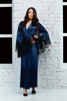 Femei camasa de noapte, halat kimono-halat de mătase pură lung din satin albastru albastru dantelă asieta alte culori pot fi personalizate