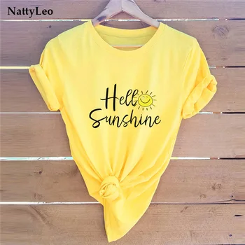 Vara Plus Dimensiune T-shirt Hello Sunshine Scrisori de Imprimare Tricou Femei din Bumbac O-Gat Maneci Scurte Tricou Grafic Teuri Fata Topuri