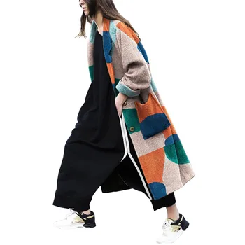 SuperAen Moda Rândul Său, În Jos Guler De Imprimare Mozaic Plin Haină Lungă Femei Jachete