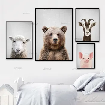 Nordic Postere si Printuri Urs, Tigru, Porc, Capră, Leu Oaia Arta de Perete Panza Pictura Animale Imagini de Perete pentru Copii Copil de Cameră Decor