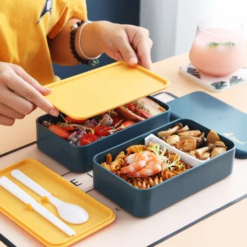 Dublu cutie de prânz pentru copii, masă de pregatire containere drăguț cutie bento stil japonez alimente containere de depozitare alimente micul Dejun Cutii