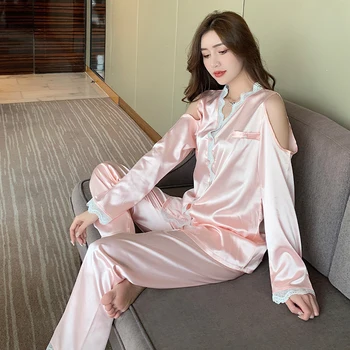 Femei Primavara-Vara cu Două bucata Costum de Pijama Satin de Matase de Gheață Subțire Uza Sexy Strapless Fals de Mătase pentru Femei Pijamale Lungi Sleepwear