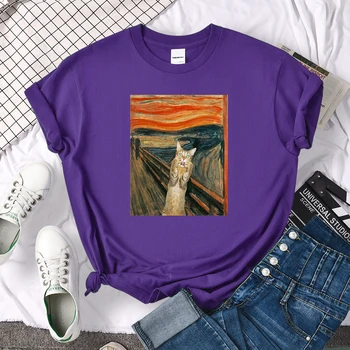 Tricouri Surprins Pisoi Pictură În Ulei De Imprimare T-Shirt Pentru Femei Vintage Casual Femei T Shirt Crewneck Hip Hop Femeie Haine