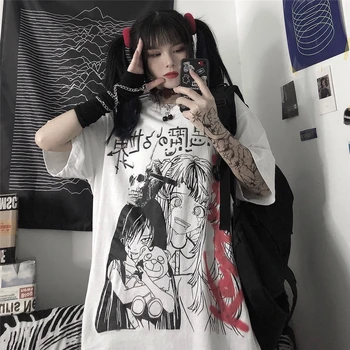 NOUA Femeie Tricouri Harajuku Stradă Întunecată Spoof Desene animate de Imprimare Vrac cu mânecă Scurtă Doamnelor T-shirt Îmbrăcăminte de Top Vetement Femme