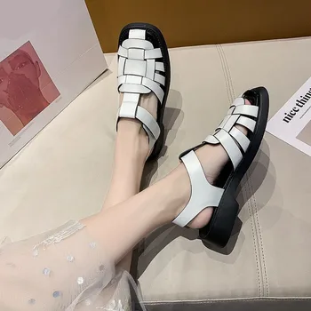 Plat Sandale Pantofi De Vară 2021 Saboți Cu Toc Costum De Sex Feminin Bej Respirabil Cross Fără A Închis Low-Gros New Comfort Negru Fashi