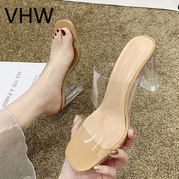 Vara 2021 Crastal Papuci Femei Transparent Cu Toc Sandale Pătrați Doamnelor Pantofi De Nunta Jeleu Clar Papuci De Casă Dimensiune 34-41