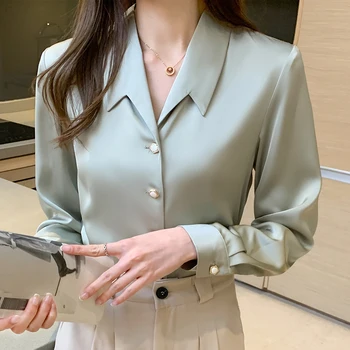 REALEFT Femei Tricou Femei Bluza Topuri 2021 Nouă Primăvară cu Maneci Lungi Guler de Turn-down coreean OL Stil Office Lady Bluze