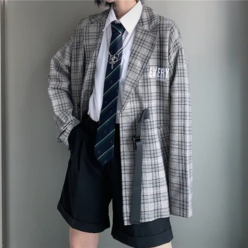 Plaid Blazer Jacheta pentru Femei 2021 Streetwear Haine de Moda pentru Fete Adolescente Japoneze Supradimensionate Costume, Bluze Brodate Sacouri