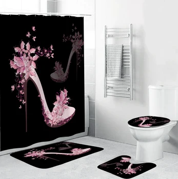 Tocuri inalte de culoare roz Model Set de perdele Baie Negru Perdele de Dus cu Cârlige Non-Alunecare de Covoare Capacul de Toaletă Covoraș de Baie Set Covor