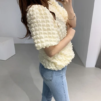 Noi Vara Retro Gât Rotund Femei Tricou Vrac Textură tridimensională Femeie Bluze Solid Puff Maneca Top Tricotate Femei