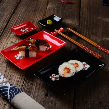 Panbado Stil Japonez Prune Portelan Farfurie Sushi Set cu 2XSushi Plăci,Baie Feluri de mâncare,Stick Stand,Betisoarele de Bambus Cutie Cadou Set