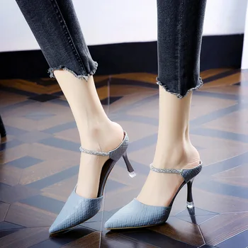 Pantofi Papuci de casă tv cu Sclipici Slide-uri de Femei Tocuri Mocasini Scăzut de Acoperire Toe Pantofle Jeleu de Înaltă Subțire de Vară 2021 Bază de Cristal PU Roma
