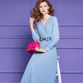 De moda Rochie de Primăvară Femei Rochie V-gât Split cu Maneci Lungi Plisate Curea cu Margele Rochii Lungi, de culoare Alb Albastru