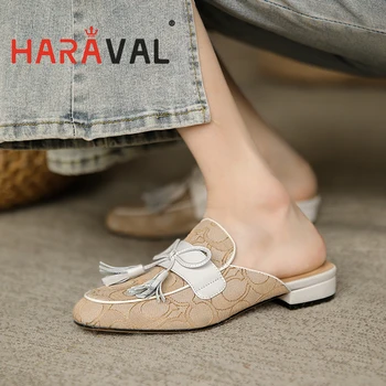 HARAVAL Femei Slider Pompe de Pantofi de Bază din Piele Patchwork Rotund Toe-Fluture Nod Elegant Adult Maro Alb Afara B109