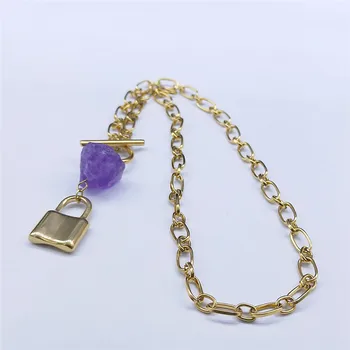 2021 Punk de Blocare din Oțel Inoxidabil Cristal Violet Cravată Coliere pentru Femei de Aur de Culoare Lanț de Coliere Bijuterii chaine NXS02