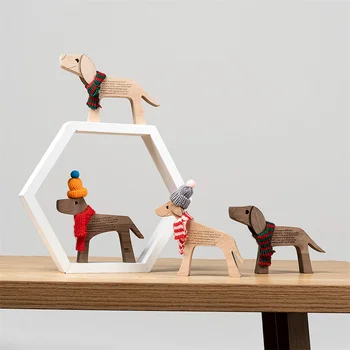 Desktop Masă Ornament Lemn Câine Ambarcațiuni De Familie Catelus Sculptură Figurine Sculpta În Lemn Cadou Creativ Acasă Decorare Casa Animale De Companie Minunat