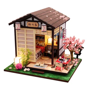 DIY din Lemn Casa Japoneză Păpuși Kit Asamblat Mobilier in Miniatura Lumina Casă de Păpuși, cu Flori de Cires Jucării pentru Adulți Cadouri