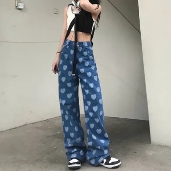 Harajuku Blugi Femei Dragoste Model Drept Largi Picior Pantaloni Talie Mare Libertate Y2k Blugi Streetwear Grunge Pantaloni Din Denim