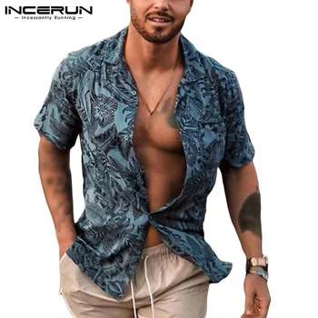 INCERUN Bărbați Cămașă Hawaiană Tipărite Rever Maneca Scurta Casual Vintage Camisas Hombre 2021 Streetwear Agrement Bărbați Îmbrăcăminte S-5XL