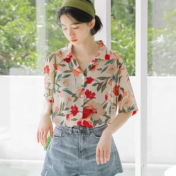 Femei Florale Imprimate Bluza Femei Topuri Largi Dulce Maneca Scurta Șifon Cămașă Bluză