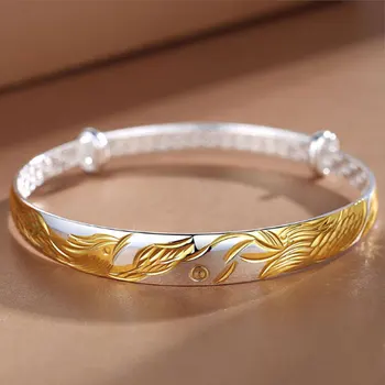 Femei Sterling Brățară de Argint Aurit, de Aur Și de Argint Dragon Phoenix Reglabil în Două Culori Bratara Durată de Bijuterii Cadou