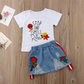 Copil Haine Casual Set 2 buc pentru Copii Toddler Girls Copii Salopete Denim Fusta+Scrisoare Rose Floral tricou Haine Set de Haine de Vara
