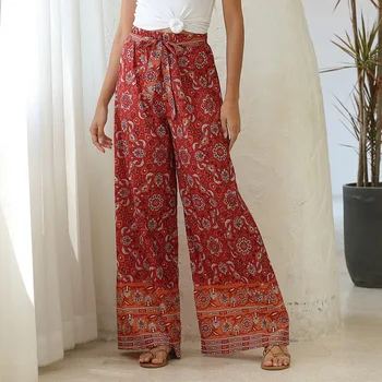 2021 Femei Boem Print Floral Pantaloni Lungi Mijlocul Talie Epocă Pantaloni Talie Elastic Boho Plaja Pantaloni Plus Dimensiune