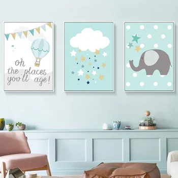 Panza Pictura Albastru Balon Cu Aer Cald De Imprimare Copii Poster Nordic Elefant Stele Pepinieră Decorative De Perete De Poze Baby Room Decor