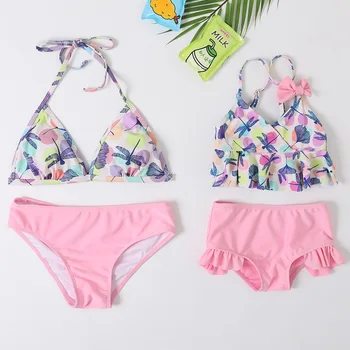 Mama și Fiica costum de Baie Copii Fata de Talie Mare Bikini Seturi 2021 Print Tropical Femei Push-Up Plaja Swiwmear Halter Bikini