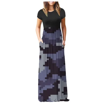Femei de moda Rochie Lunga, de Mari Dimensiuni Clasic de Culoare Solidă de Camuflaj de Cusut Rochie de Imprimare Maneci Scurte Rochie Lunga