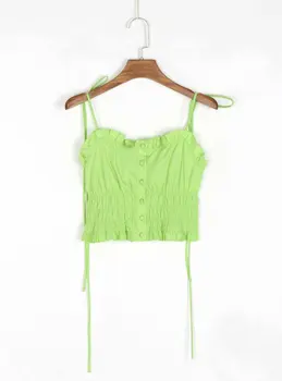 Vintage Slim Volane Femei Top Regla Spaghete Curele Femei Camis Moda Butoane Frontal Verde Rezervor De Top Pentru Femei