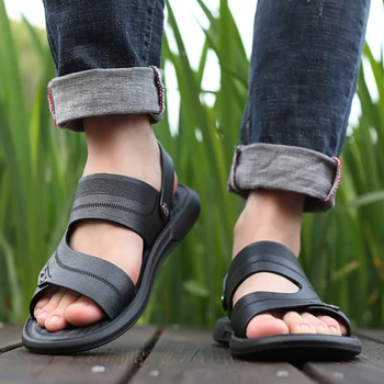 Vara Sandale Din Piele Barbati Casual În Aer Liber Pantofi De Plaja Si Papuci De Moda Interior Papuci De Baie Diapozitive Om Plat 2021