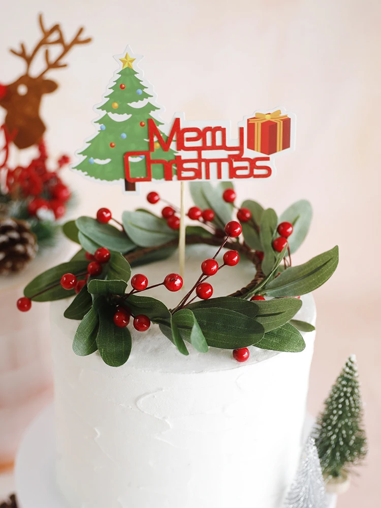 Crăciun Mori conuri de Pin Coroană de flori Tort Fân Ornamente Roșii Și Verzi, Fructe Coarne Xmas Party Tort de Decorare pentru Copii Favoruri