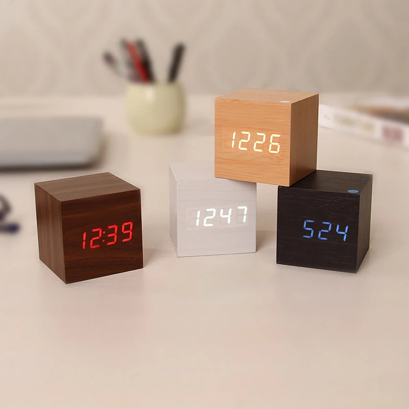Digital LED-uri de Moda din Lemn Pătrat de Birou Ceas cu Alarmă Control Vocal Calendar Termometru Modern Timer Acasă Decorare Ceasuri