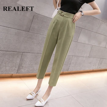 REALEFT Primăvară-Vară 2020 coreene Noi OL Femei de Stil Formal Pantaloni Harem Buzunare Talie Mare Doamnă Birou Glezna-Lungime Pantaloni