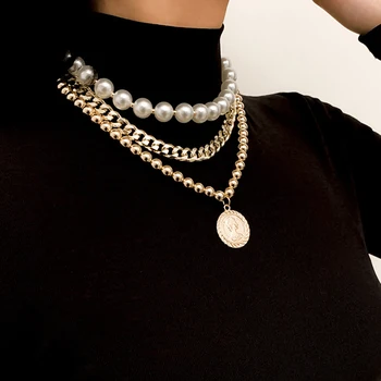 Stratificat Pearl Margele Lanț Cravată Colier pentru Femei Indesata Gros Cubanez Lanțuri la Gât Cu Moneda Pandantiv Coliere Bijuterii Punk